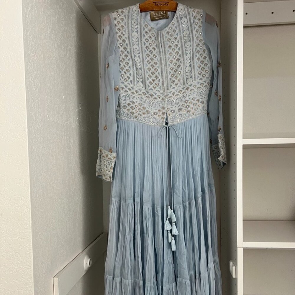 Sky Blue Anarkali Suit With Center Slit Adorn In Thread Embroidery